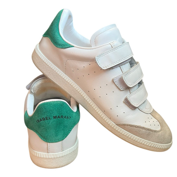 Isabel Marant Beth White Green Leather Grip Strap Sneakers Size FR 39 US 9 - Picture 1 of 11